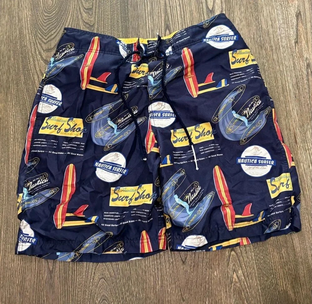 Nautica Men's Surf Shop Printed Graphic Swim Board Shorts Navy Combo Size 32W